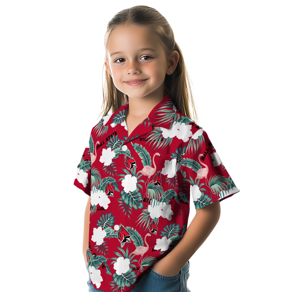 Ball State Cardinals Hawaiian Shirt - Flamingo and Hibiscus ball state cardinals flamingo palms red hawaiian shirts premium grade