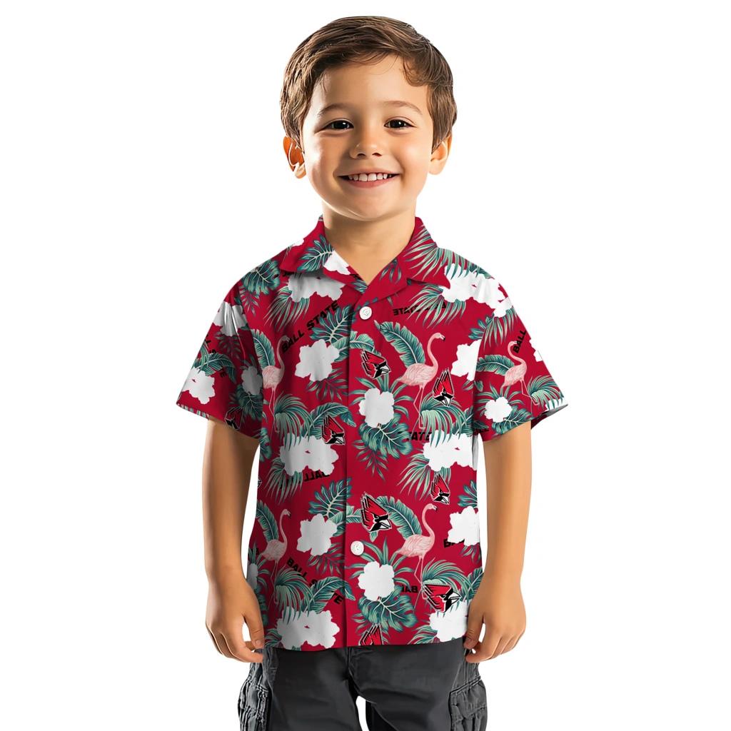 Ball State Cardinals Hawaiian Shirt - Flamingo and Hibiscus ball state cardinals flamingo palms red hawaiian shirts top rated