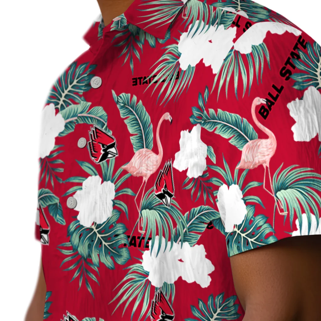 Ball State Cardinals Hawaiian Shirt - Flamingo and Hibiscus ball state cardinals flamingo palms red hawaiian shirts trendy