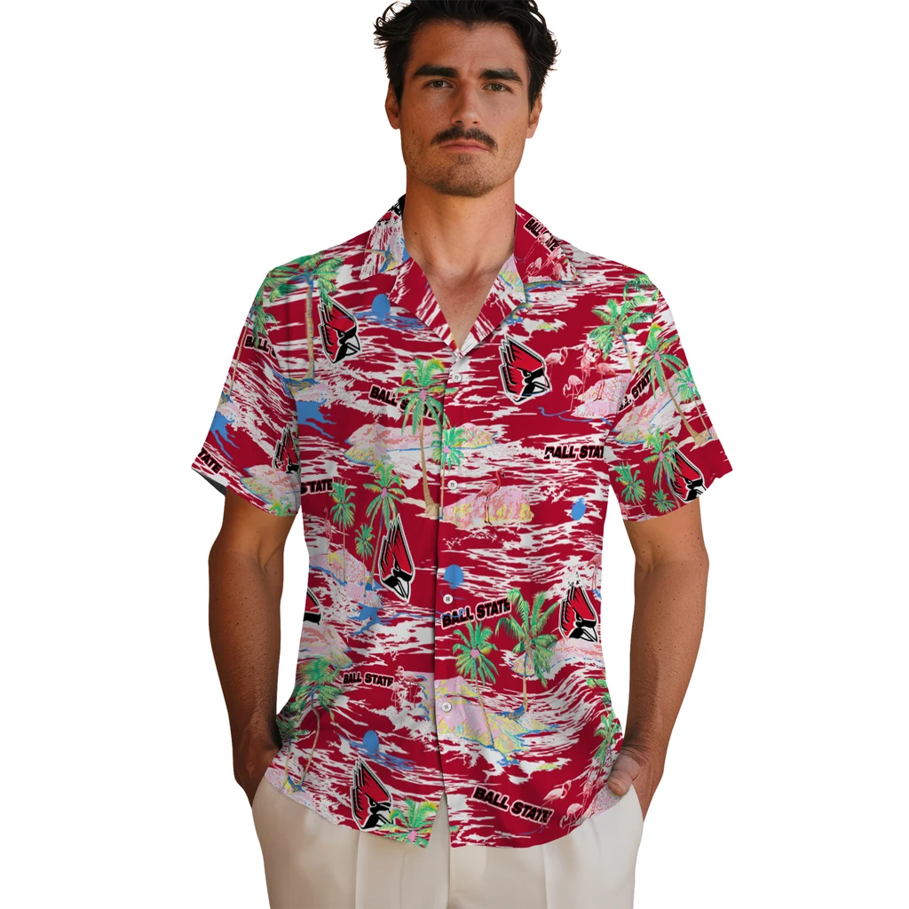 Ball State Cardinals Hawaiian Shirt - Hawaii Island ball state cardinals flamingo retreat red hawaiian shirts fashion forward