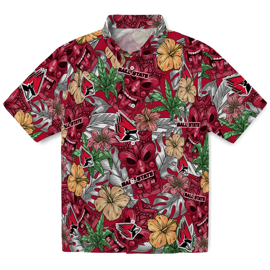 Ball State Cardinals Hawaiian Shirt - Hibiscus Tiki Jungle ball state cardinals tiki jungle red hawaiian shirts best selling