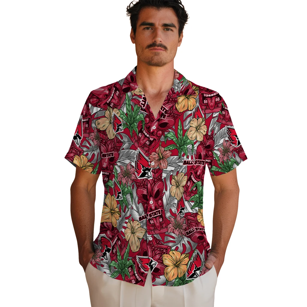 Ball State Cardinals Hawaiian Shirt - Hibiscus Tiki Jungle ball state cardinals tiki jungle red hawaiian shirts fashion forward