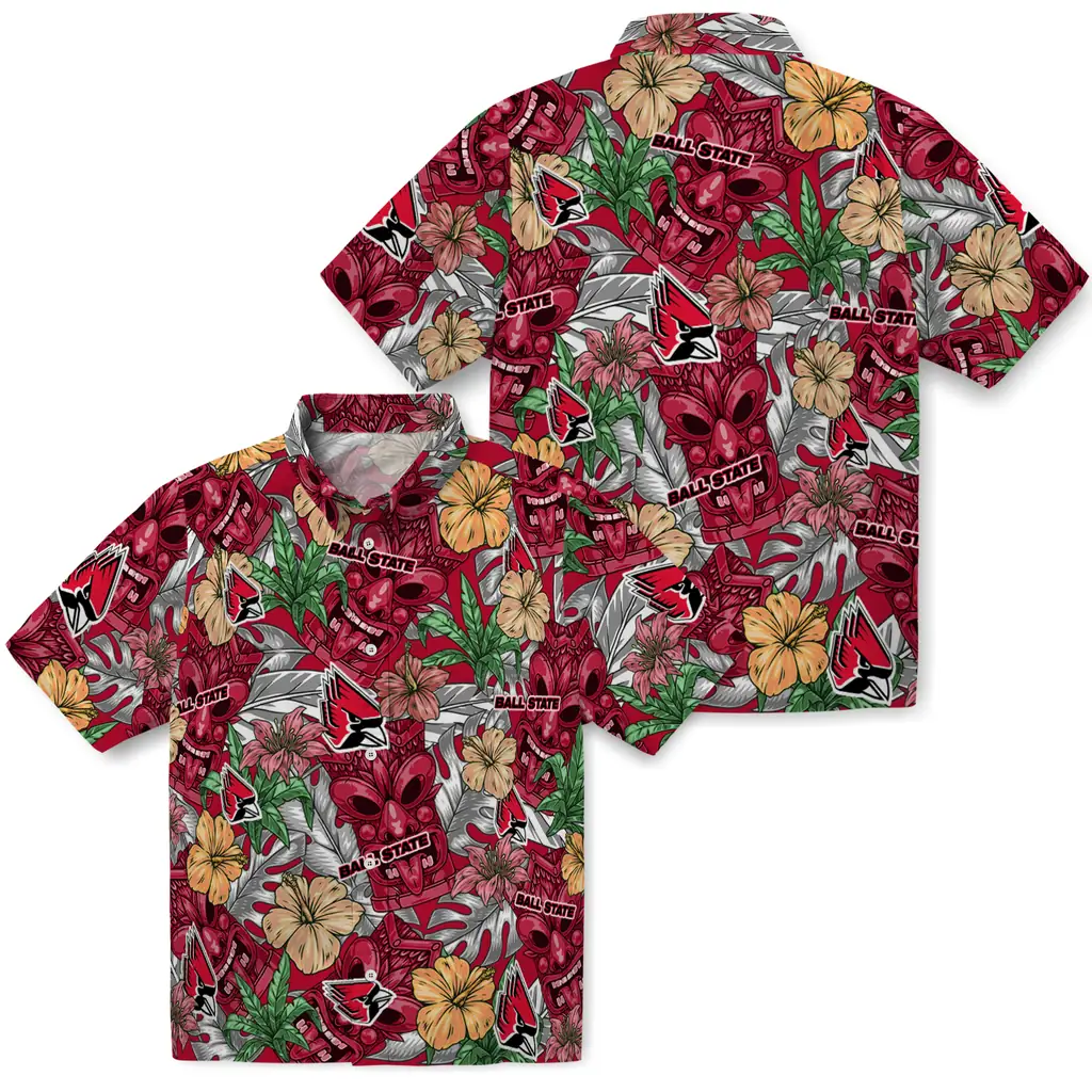 Ball State Cardinals Hawaiian Shirt - Hibiscus Tiki Jungle ball state cardinals tiki jungle red hawaiian shirts high quality