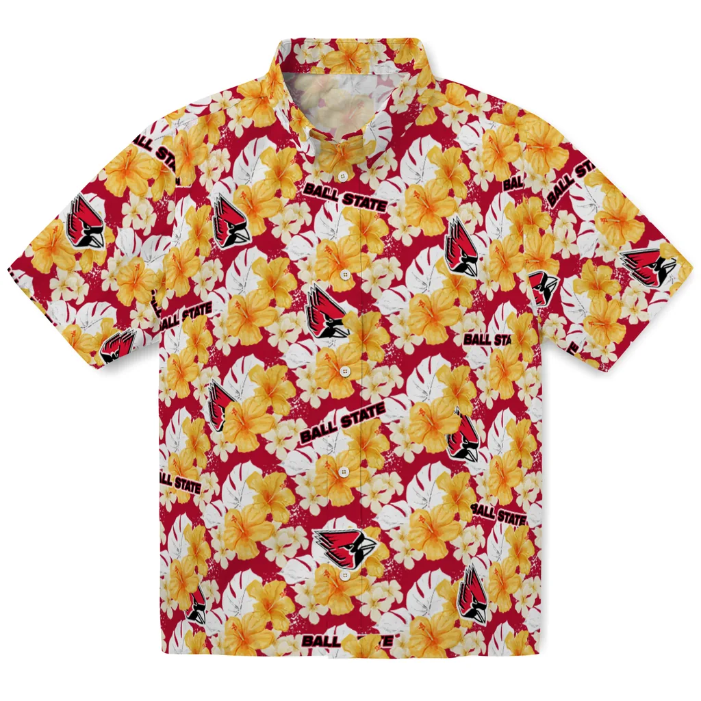 Ball State Cardinals Hawaiian Shirt - Hibiscus Tropics ball state cardinals hibiscus tropics red yellow hawaiian shirts best selling