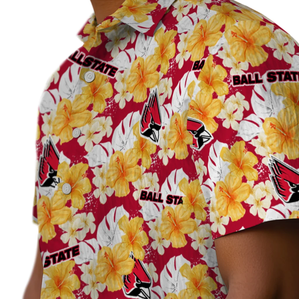 Ball State Cardinals Hawaiian Shirt - Hibiscus Tropics ball state cardinals hibiscus tropics red yellow hawaiian shirts trendy