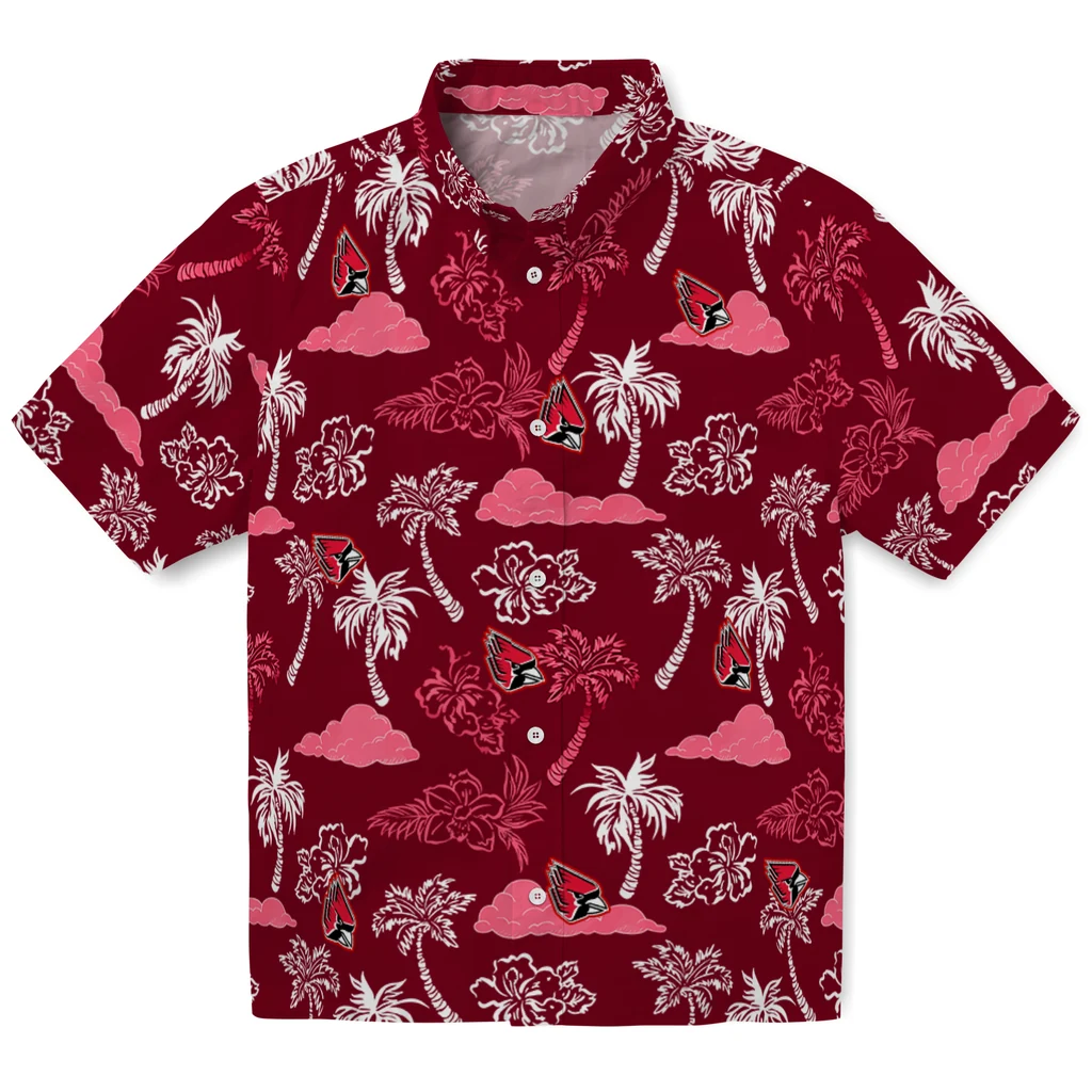Ball State Cardinals Hawaiian Shirt - Palm And Clouds ball state cardinals palm and clouds red hawaiian shirts best selling