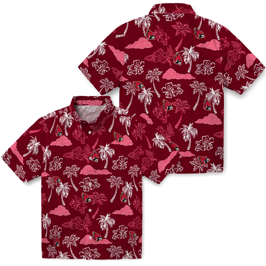 Ball State Cardinals Hawaiian Shirt - Palm And Clouds ball state cardinals palm and clouds red hawaiian shirts high quality