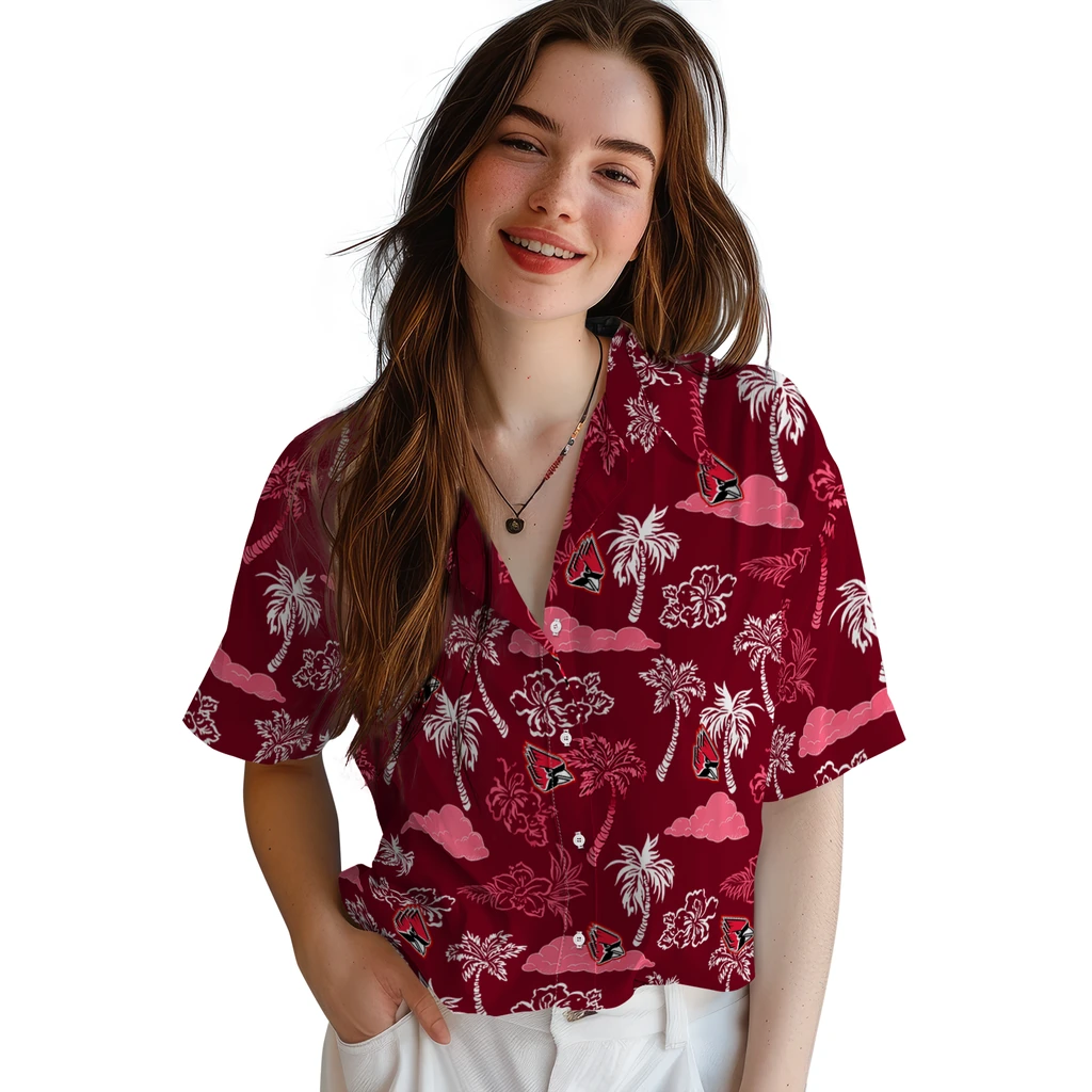 Ball State Cardinals Hawaiian Shirt - Palm And Clouds ball state cardinals palm and clouds red hawaiian shirts latest model