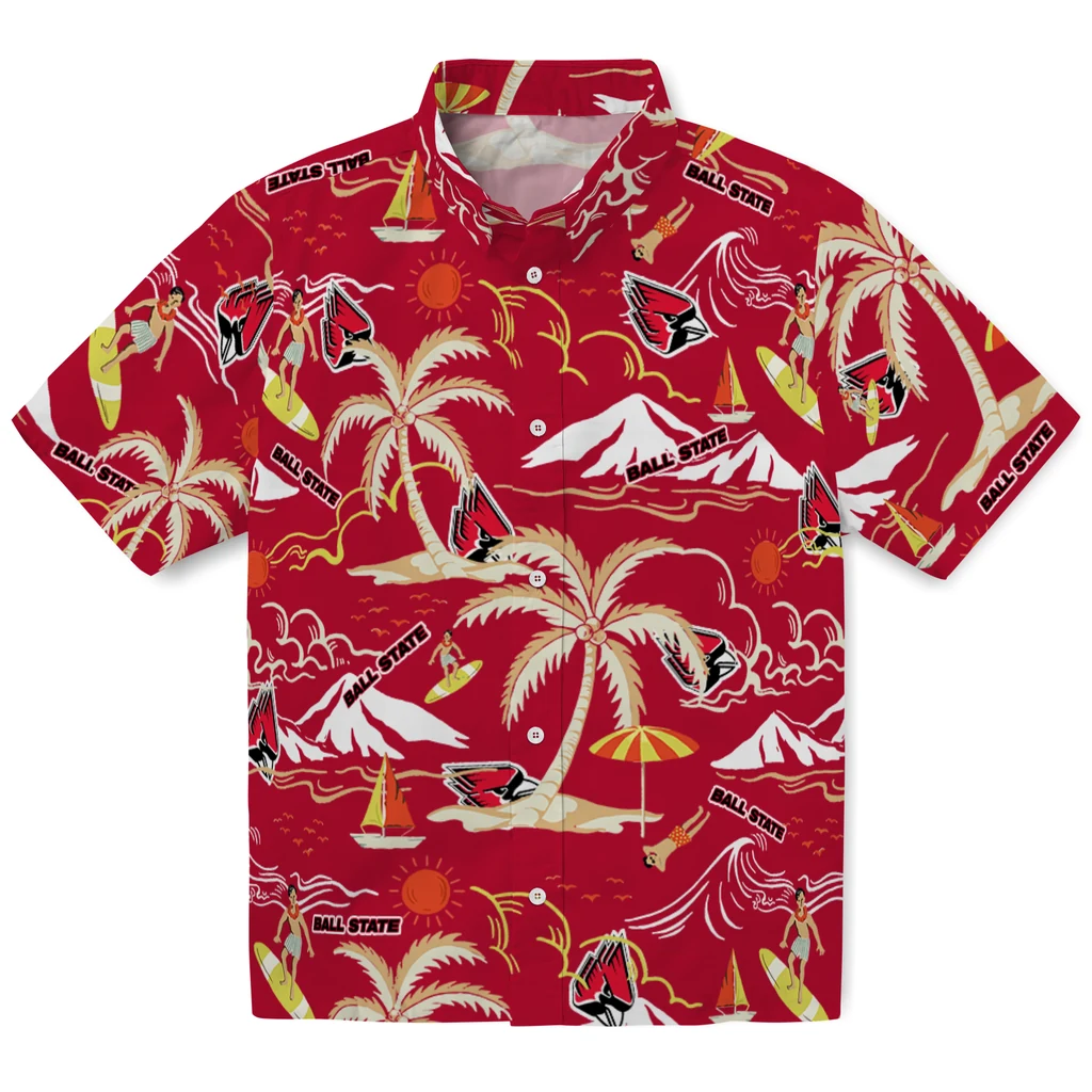 Ball State Cardinals Hawaiian Shirt - Palm Tree Island ball state cardinals palm tree island red hawaiian shirts best selling