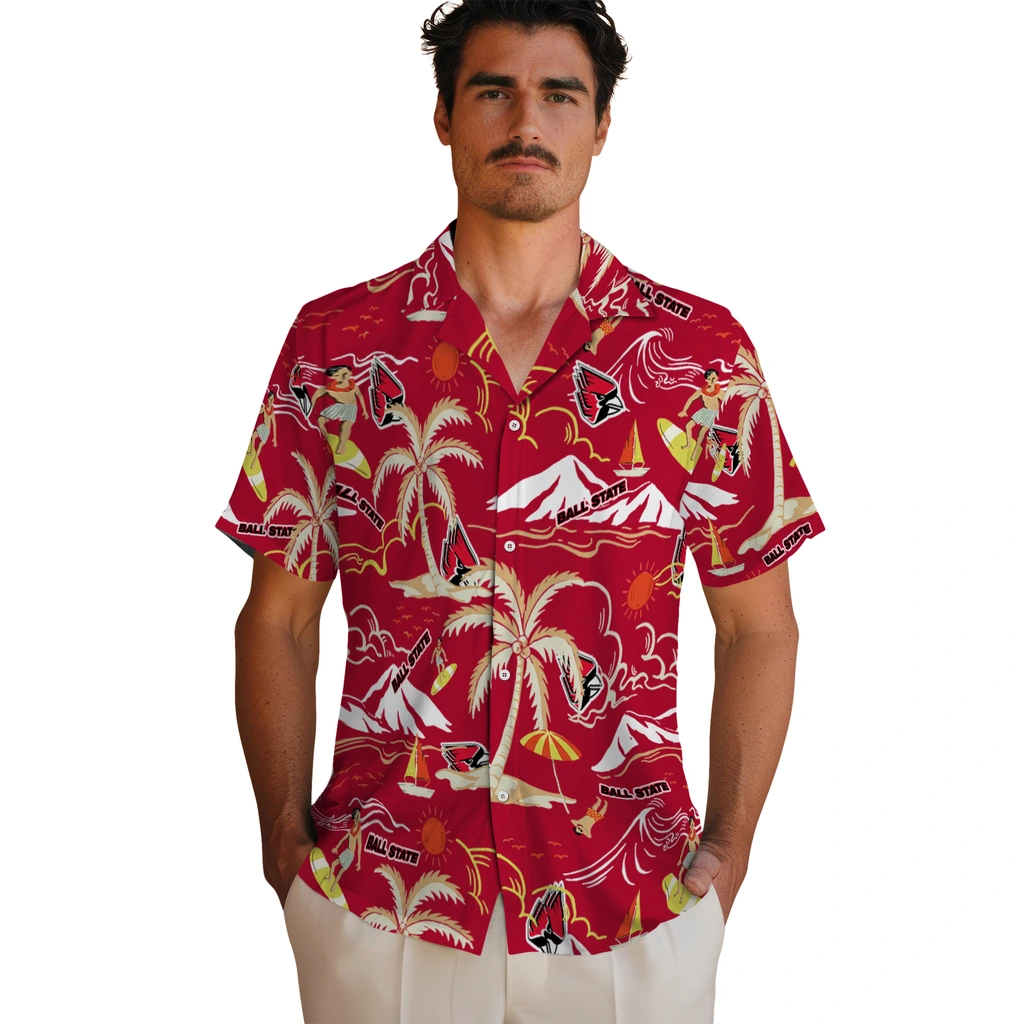 Ball State Cardinals Hawaiian Shirt - Palm Tree Island ball state cardinals palm tree island red hawaiian shirts fashion forward
