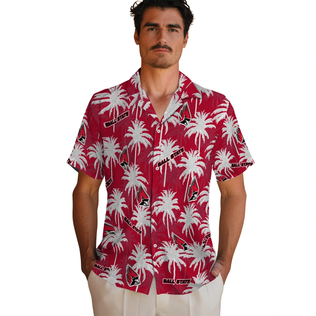 Ball State Cardinals Hawaiian Shirt - Palm Tree Motif ball state cardinals palm grove red hawaiian shirts fashion forward