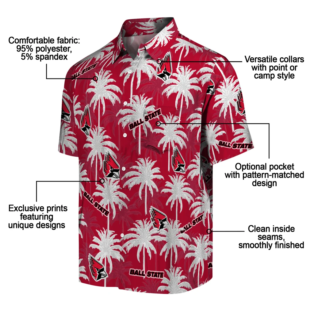 Ball State Cardinals Hawaiian Shirt - Palm Tree Motif ball state cardinals palm grove red hawaiian shirts new arrival