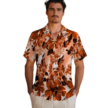 baltimore orioles hibiscus arrangement orange hawaiian shirts fashion forward