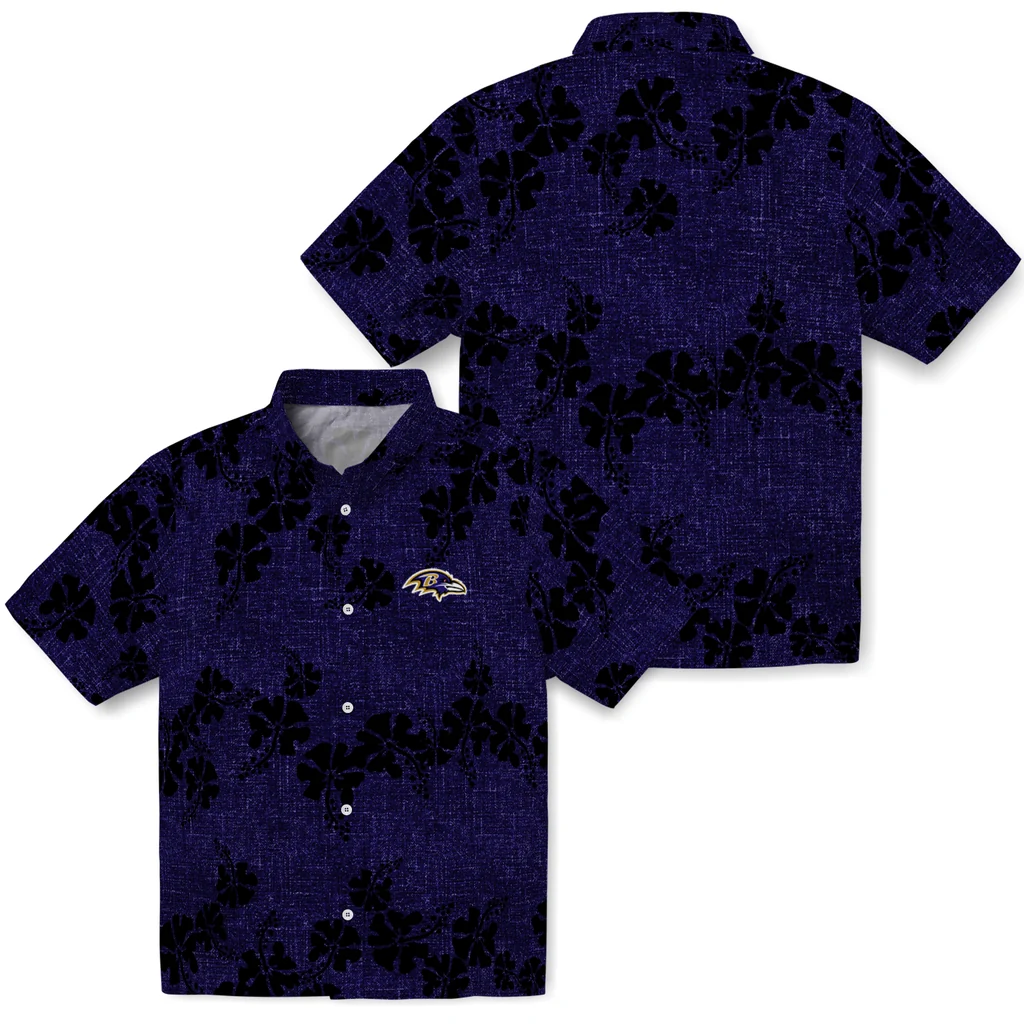 Baltimore Ravens Hawaiian Shirt - 50th State Flower baltimore ravens hibiscus petals purple hawaiian shirts high quality