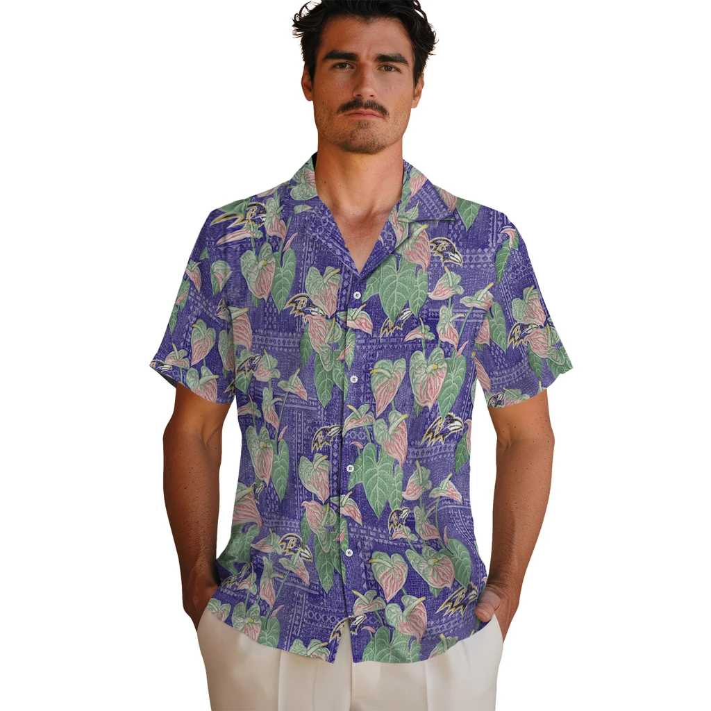 Baltimore Ravens Hawaiian Shirt - Anthurium Overlay baltimore ravens anthurium overlay purple hawaiian shirts fashion forward