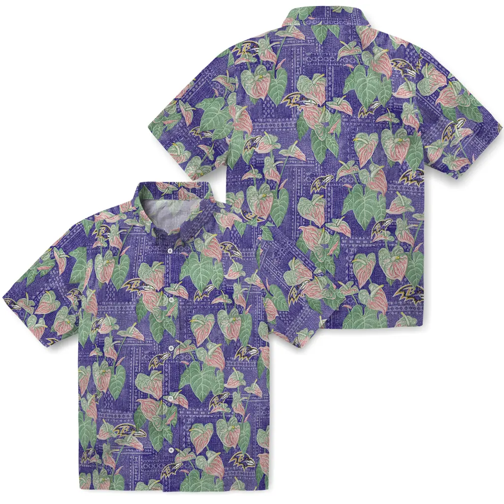 Baltimore Ravens Hawaiian Shirt - Anthurium Overlay baltimore ravens anthurium overlay purple hawaiian shirts high quality