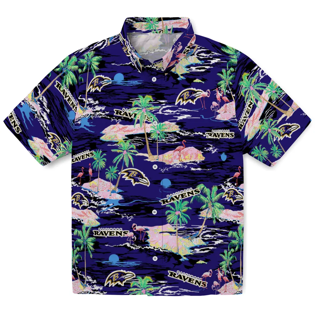 Baltimore Ravens Hawaiian Shirt - Hawaii Island baltimore ravens flamingo retreat purple hawaiian shirts best selling