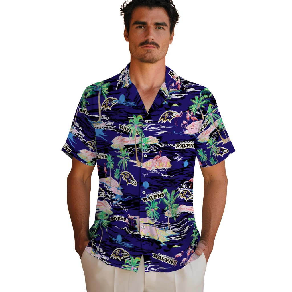 Baltimore Ravens Hawaiian Shirt - Hawaii Island baltimore ravens flamingo retreat purple hawaiian shirts fashion forward