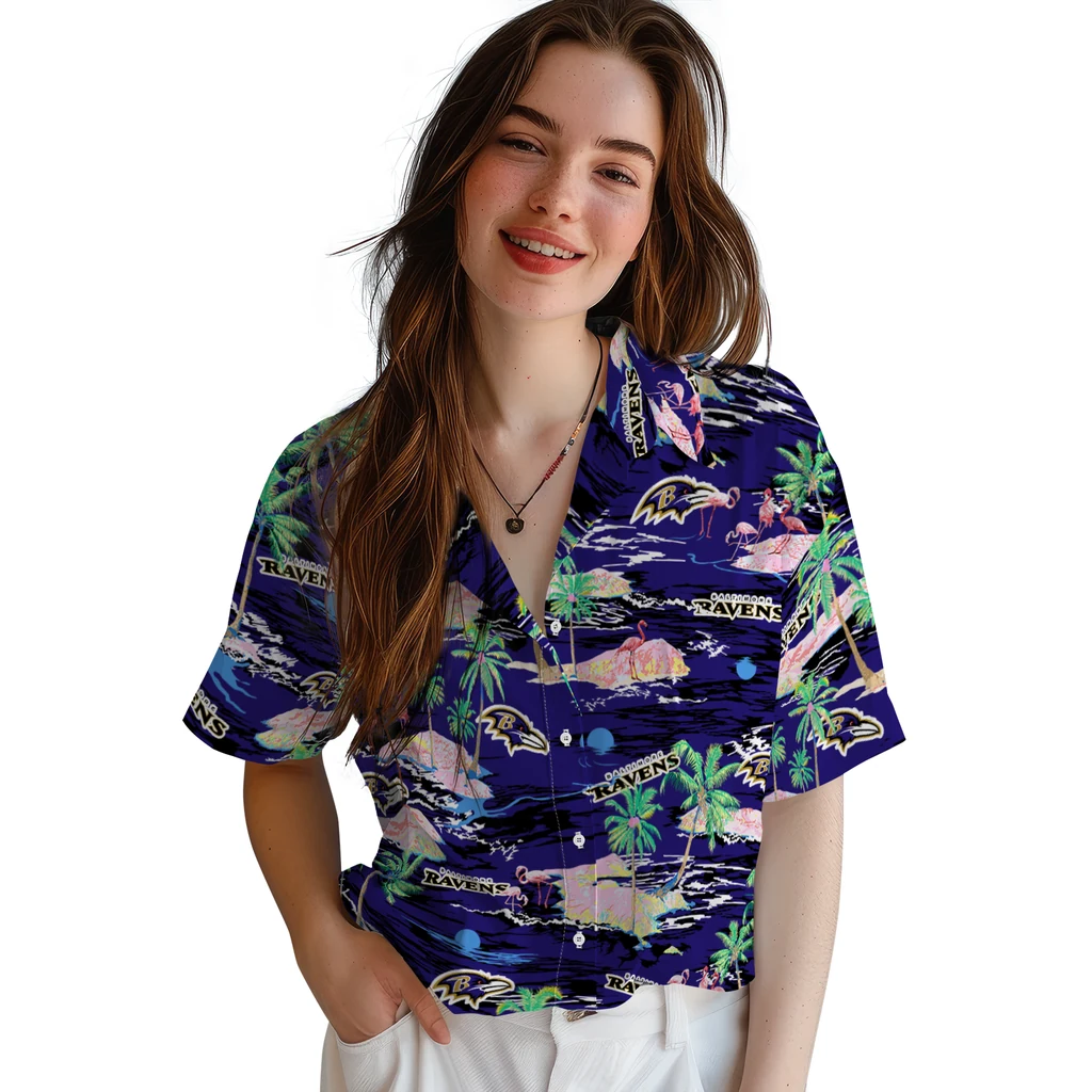 Baltimore Ravens Hawaiian Shirt - Hawaii Island baltimore ravens flamingo retreat purple hawaiian shirts latest model