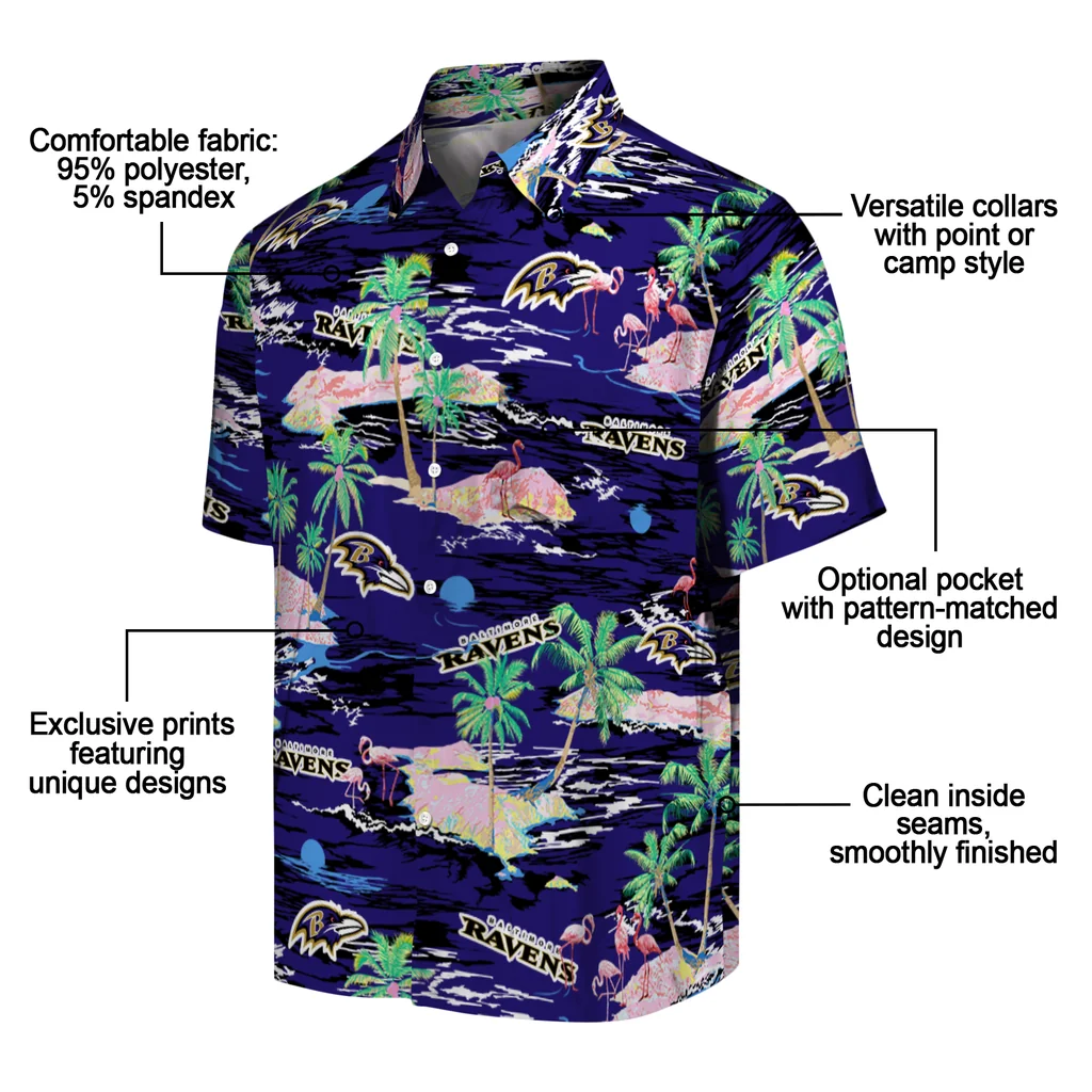 Baltimore Ravens Hawaiian Shirt - Hawaii Island baltimore ravens flamingo retreat purple hawaiian shirts new arrival