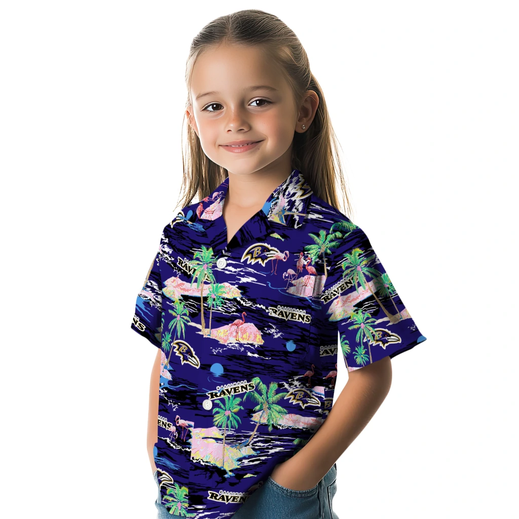 Baltimore Ravens Hawaiian Shirt - Hawaii Island baltimore ravens flamingo retreat purple hawaiian shirts premium grade