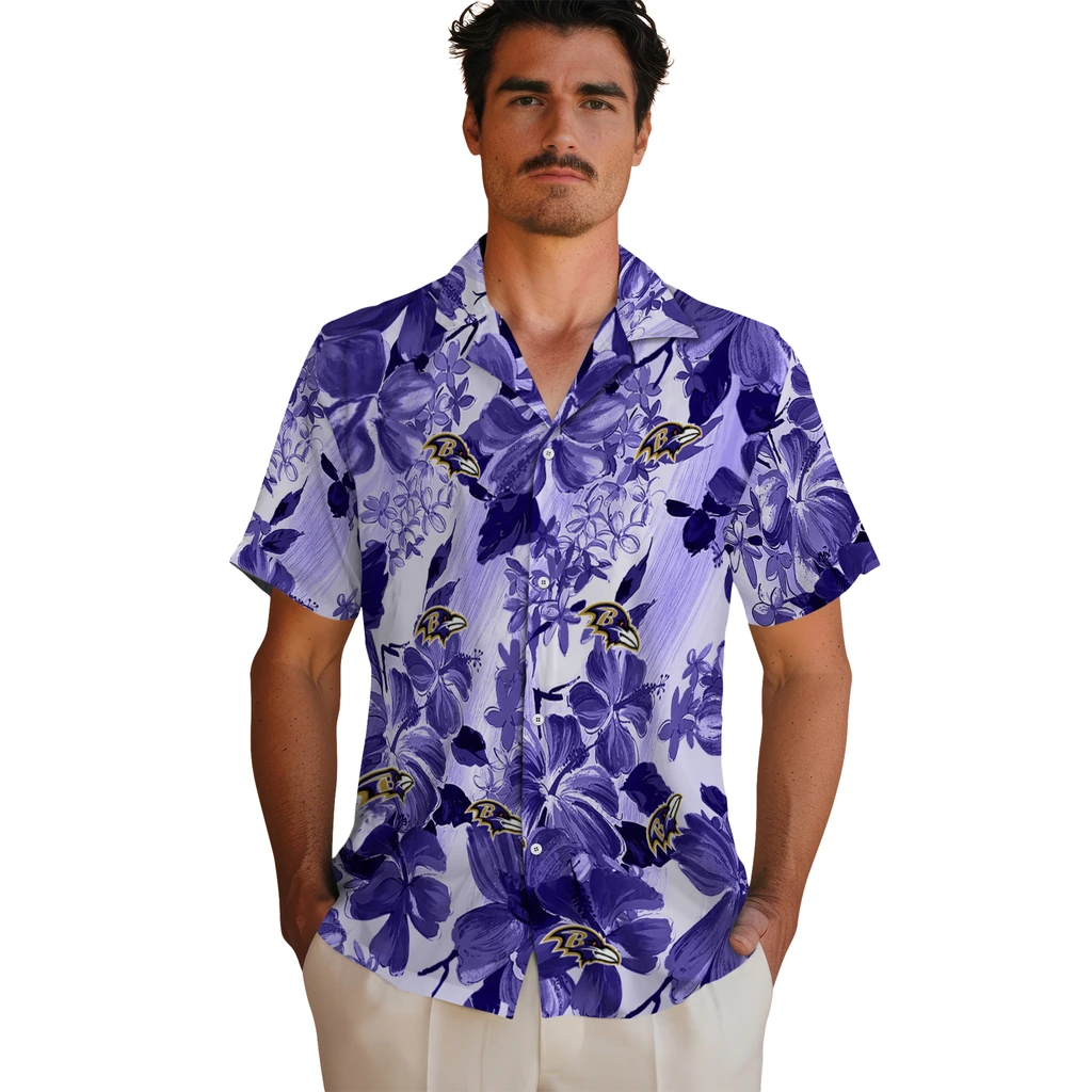Baltimore Ravens Hawaiian Shirt - Hibiscus Arrangement baltimore ravens hibiscus arrangement purple hawaiian shirts fashion forward