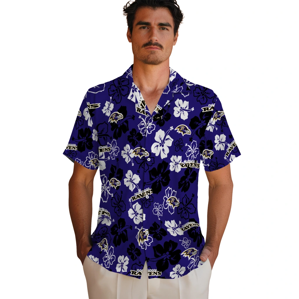 Baltimore Ravens Hawaiian Shirt - Hibiscus Flower Design baltimore ravens hibiscus bloom purple hawaiian shirts fashion forward