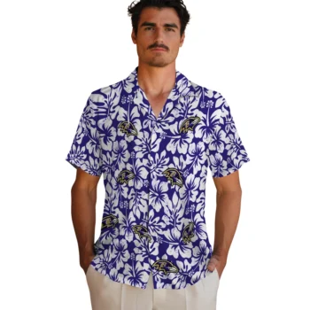 baltimore ravens hibiscus motif purple white hawaiian shirts fashion forward