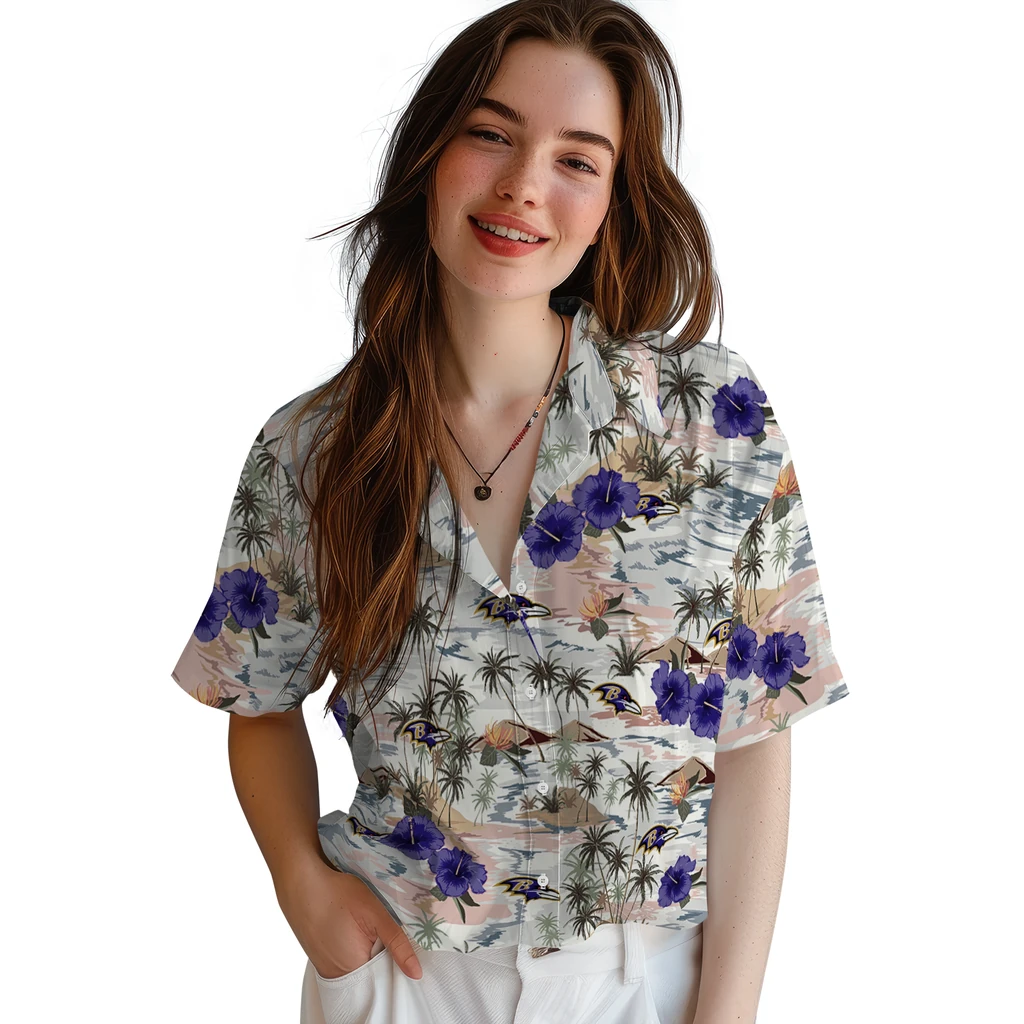 Baltimore Ravens Hawaiian Shirt - Hibiscus Seaside baltimore ravens hibiscus seaside white hawaiian shirts latest model
