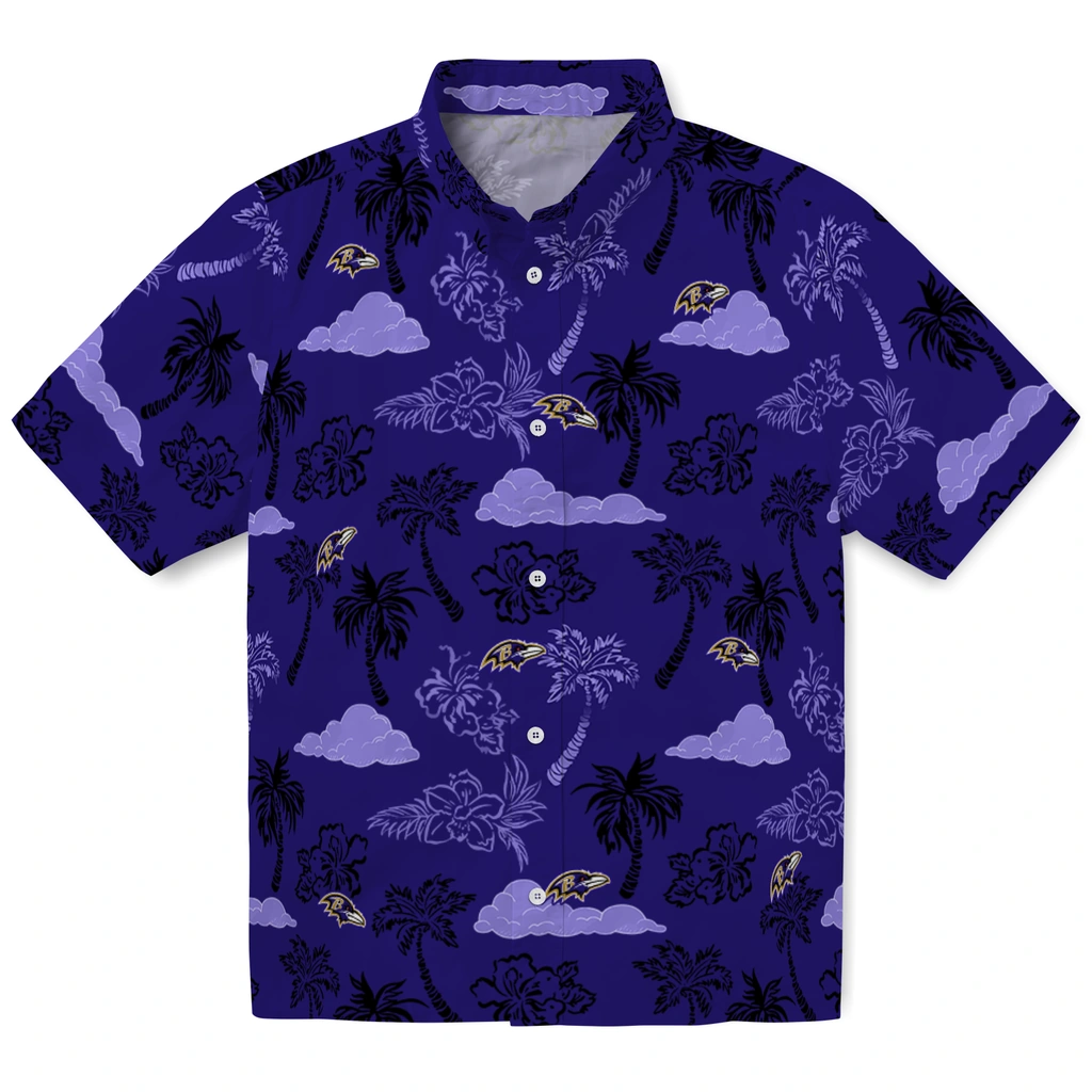Baltimore Ravens Hawaiian Shirt - Palm And Clouds baltimore ravens palm and clouds purple hawaiian shirts best selling
