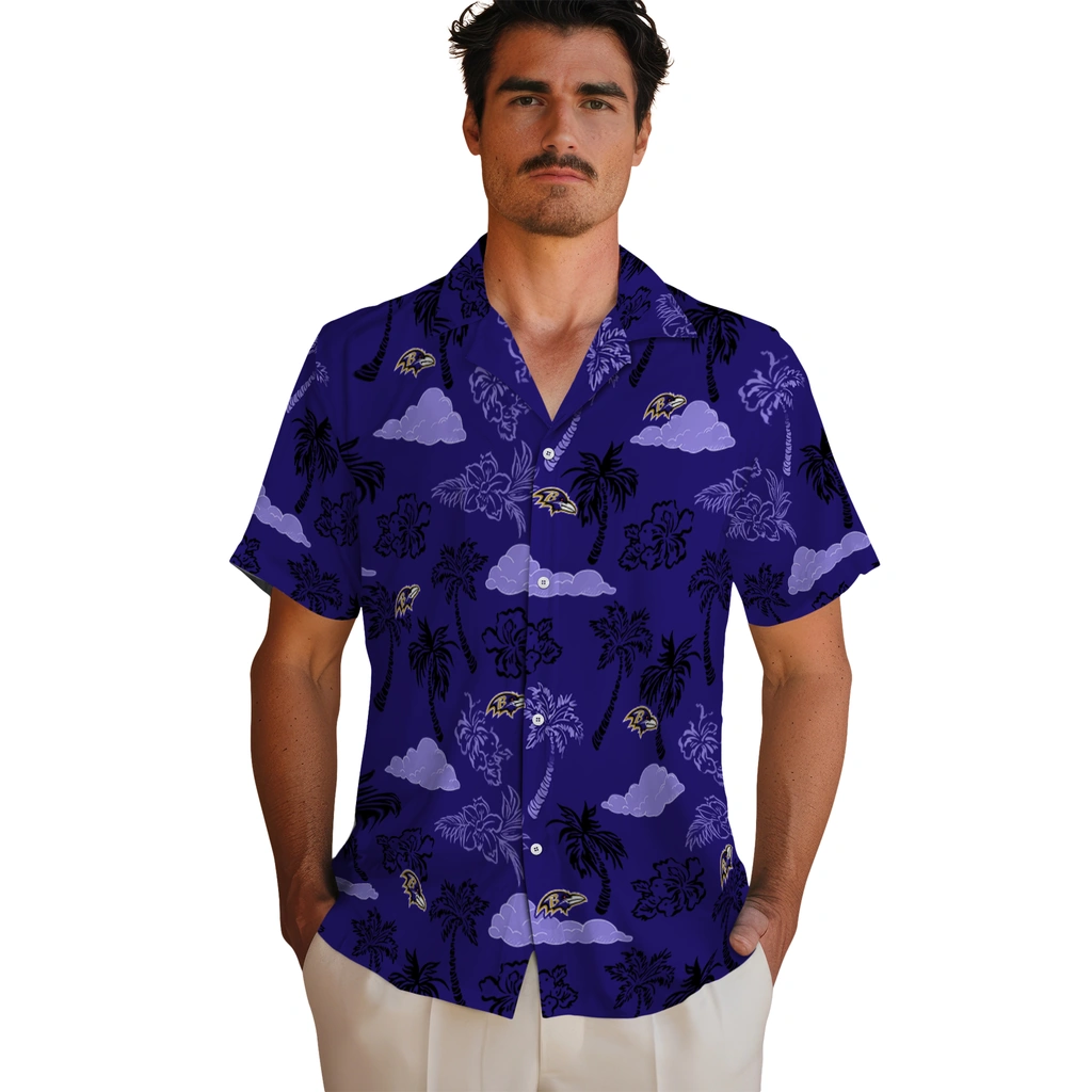 Baltimore Ravens Hawaiian Shirt - Palm And Clouds baltimore ravens palm and clouds purple hawaiian shirts fashion forward