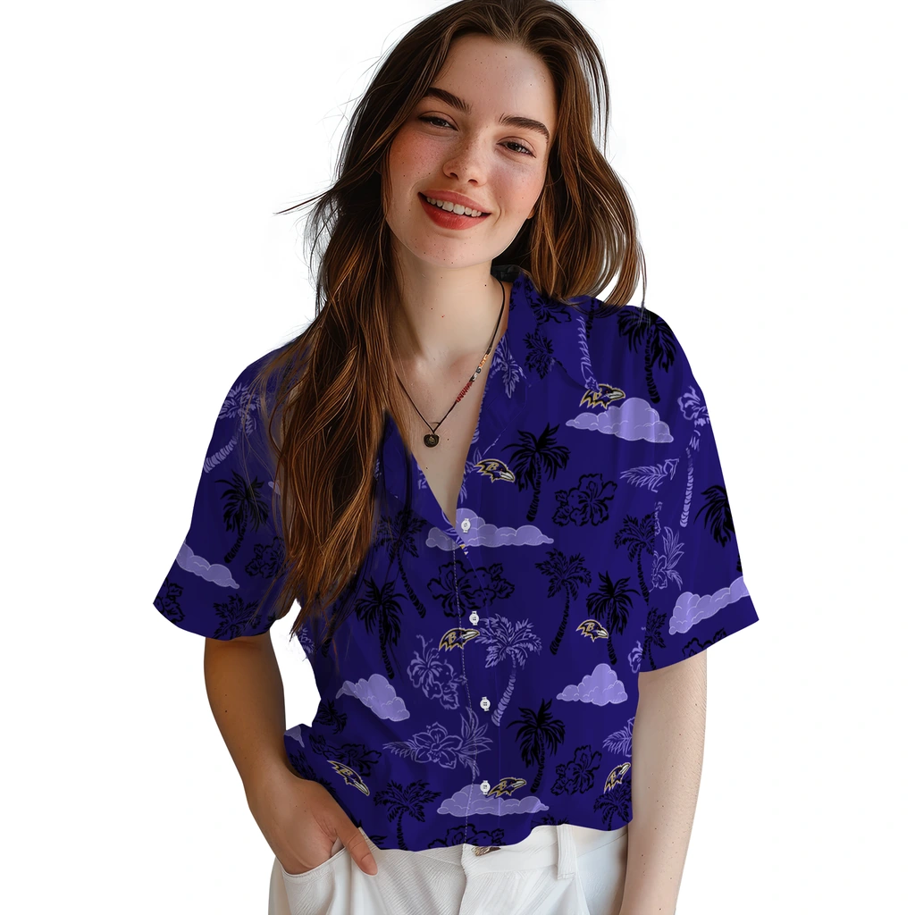 Baltimore Ravens Hawaiian Shirt - Palm And Clouds baltimore ravens palm and clouds purple hawaiian shirts latest model