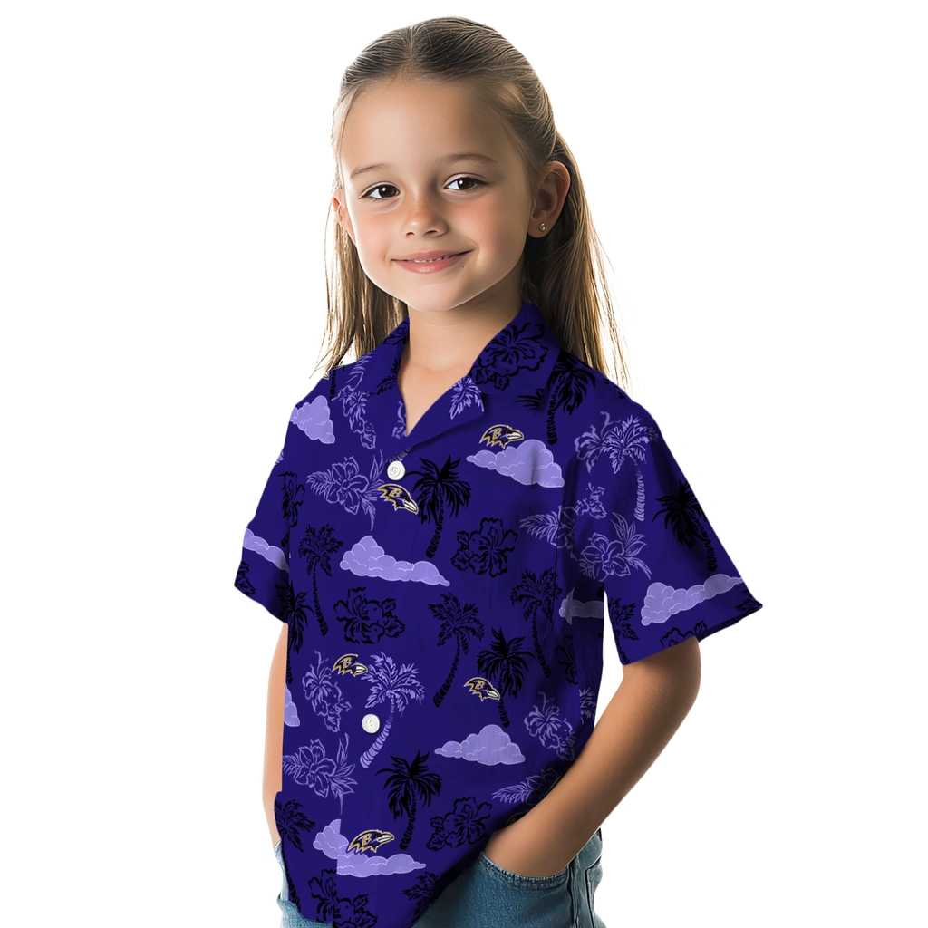 Baltimore Ravens Hawaiian Shirt - Palm And Clouds baltimore ravens palm and clouds purple hawaiian shirts premium grade