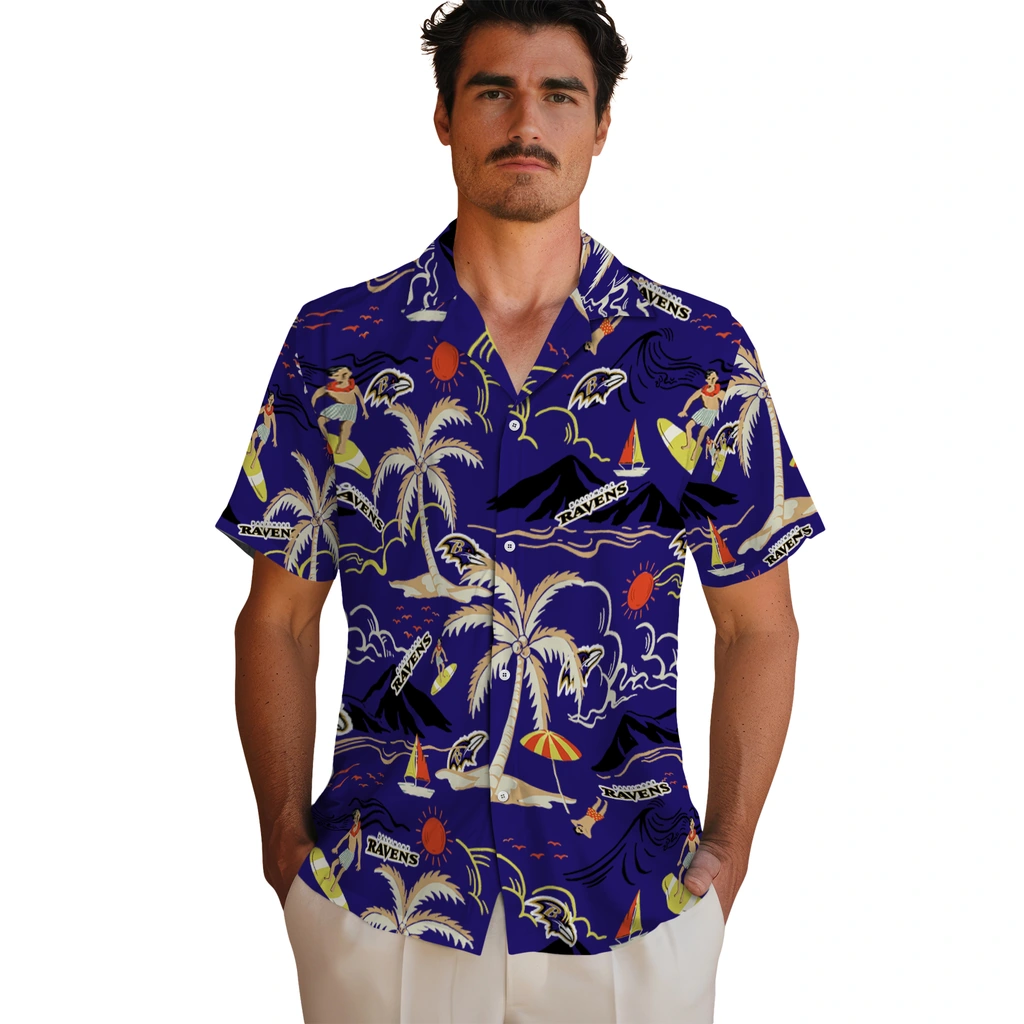 Baltimore Ravens Hawaiian Shirt - Palm Tree Island baltimore ravens palm tree island purple hawaiian shirts fashion forward