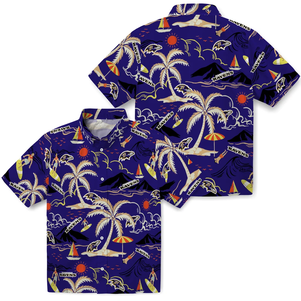 Baltimore Ravens Hawaiian Shirt - Palm Tree Island baltimore ravens palm tree island purple hawaiian shirts high quality
