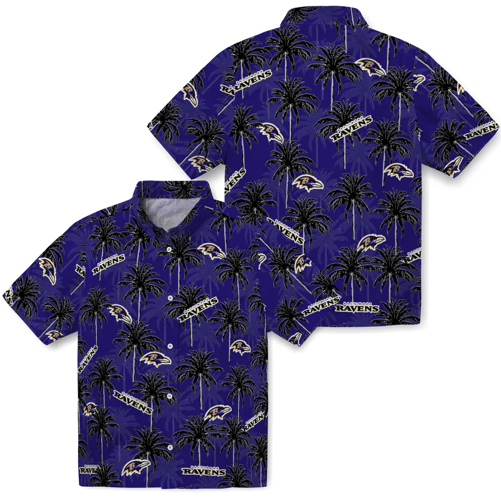 Baltimore Ravens Hawaiian Shirt - Palm Tree Motif baltimore ravens palm grove purple hawaiian shirts high quality
