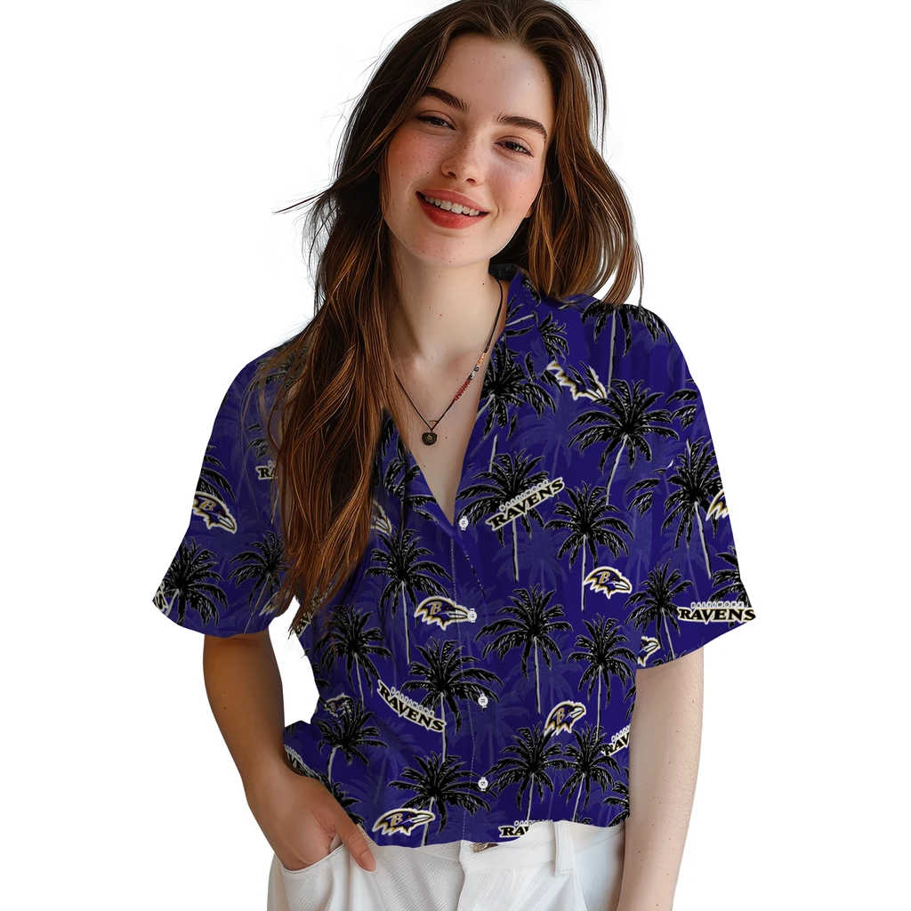 Baltimore Ravens Hawaiian Shirt - Palm Tree Motif baltimore ravens palm grove purple hawaiian shirts latest model