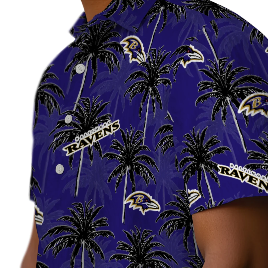 Baltimore Ravens Hawaiian Shirt - Palm Tree Motif baltimore ravens palm grove purple hawaiian shirts trendy