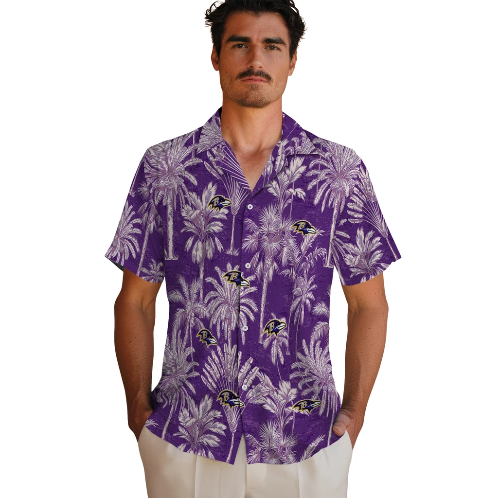 Baltimore Ravens Hawaiian Shirt - Vintage Palm Tree baltimore ravens palm shadows purple hawaiian shirts fashion forward