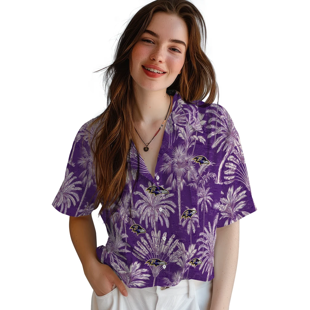 Baltimore Ravens Hawaiian Shirt - Vintage Palm Tree baltimore ravens palm shadows purple hawaiian shirts latest model