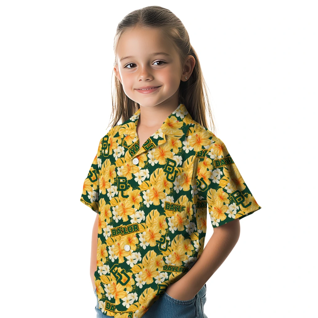 Baylor Bears Hawaiian Shirt - Hibiscus Tropics baylor bears hibiscus tropics green yellow hawaiian shirts premium grade