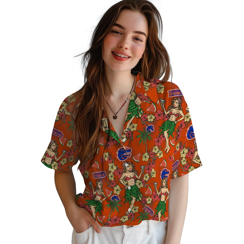Boise State Broncos Hawaiian Shirt - Hawaiian Girls Design boise state broncos hawaiian girls design orange hawaiian shirts latest model