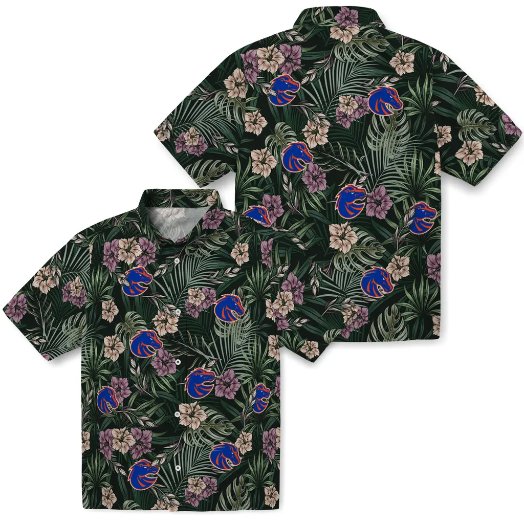Boise State Broncos Hawaiian Shirt - Hibiscus Leaves Pattern boise state broncos hibiscus leaves pattern green hawaiian shirts high quality