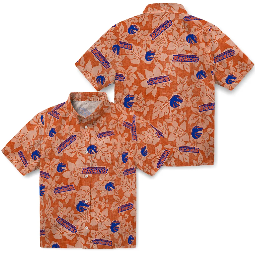 Boise State Broncos Hawaiian Shirt - Hibiscus Oasis boise state broncos hibiscus oasis orange hawaiian shirts high quality