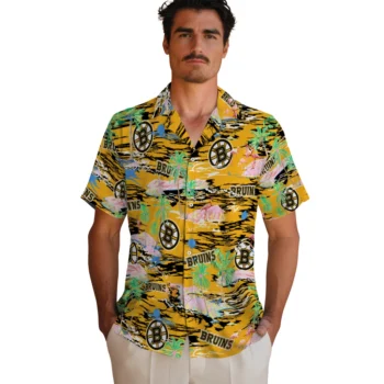 boston bruins flamingo retreat gold hawaiian shirts fashion forward