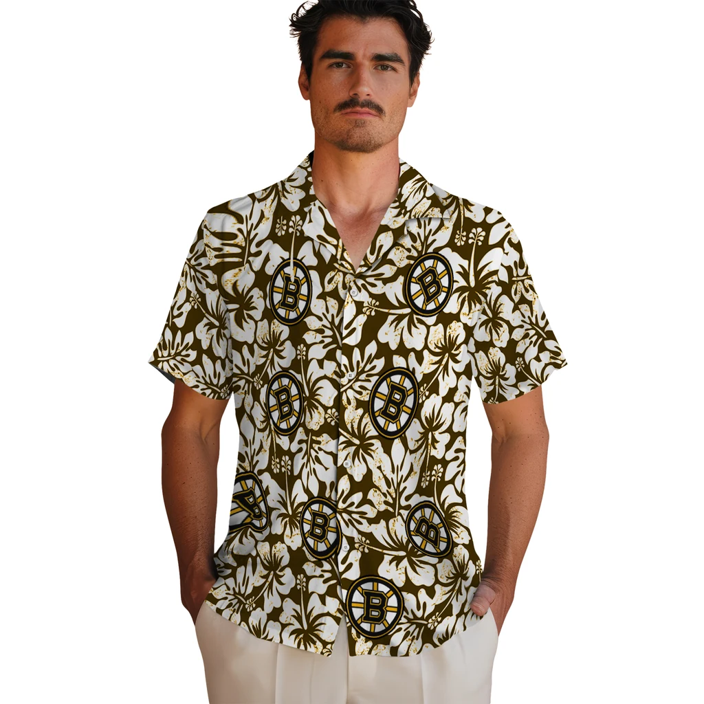 Boston Bruins Hawaiian Shirt - Hibiscus Motif boston bruins hibiscus motif gold white hawaiian shirts fashion forward