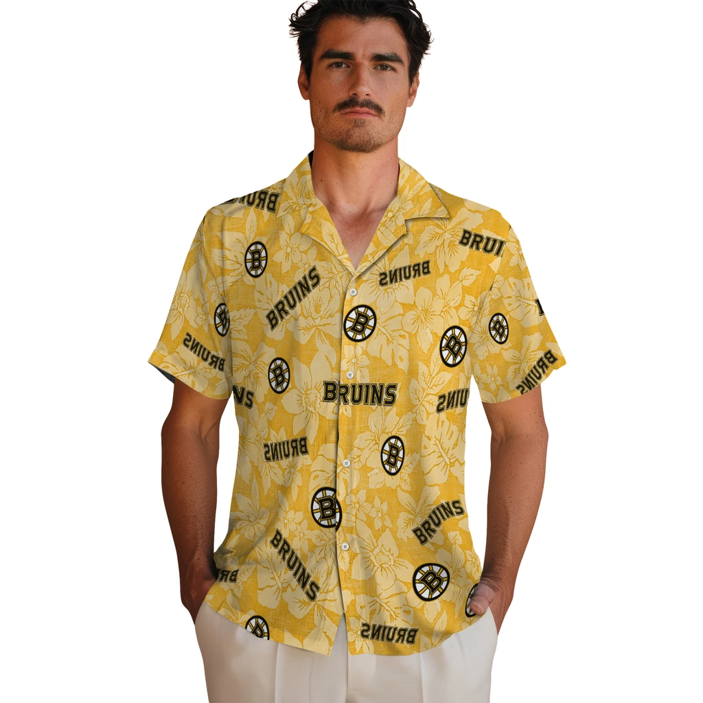 Boston Bruins Hawaiian Shirt - Hibiscus Oasis boston bruins hibiscus oasis gold hawaiian shirts fashion forward