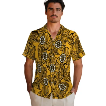 boston bruins leaf outline gold hawaiian shirts fashion forward