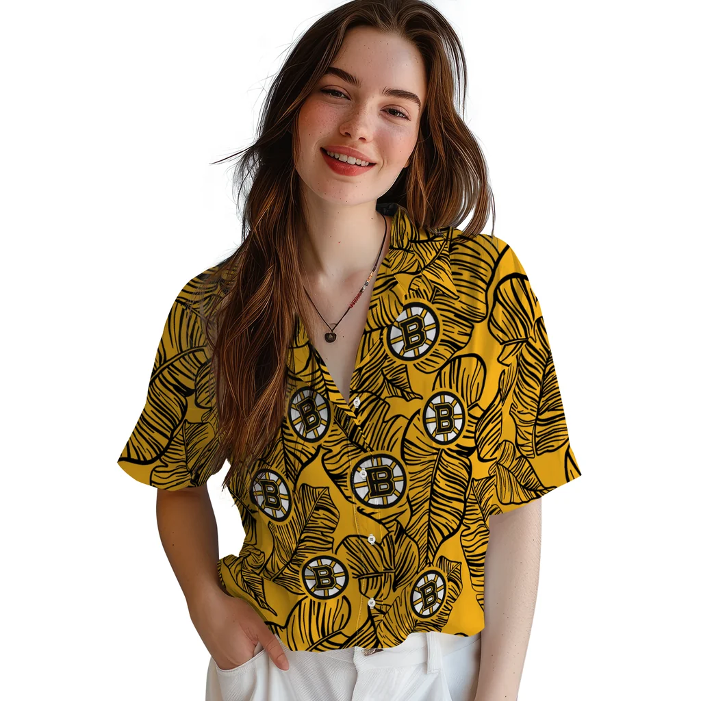 Boston Bruins Hawaiian Shirt - Leaf Outline boston bruins leaf outline gold hawaiian shirts latest model