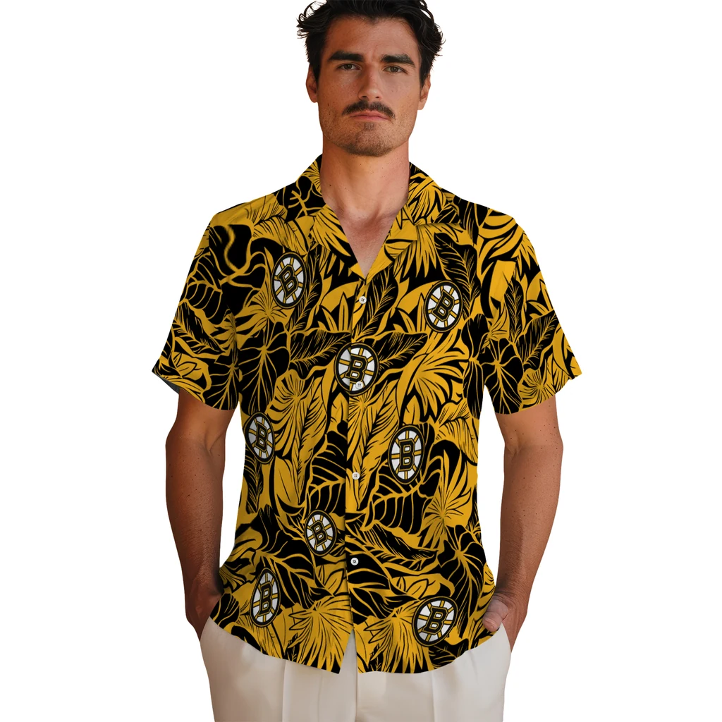 Boston Bruins Hawaiian Shirt - Monstera Layer boston bruins monstera layer gold hawaiian shirts fashion forward